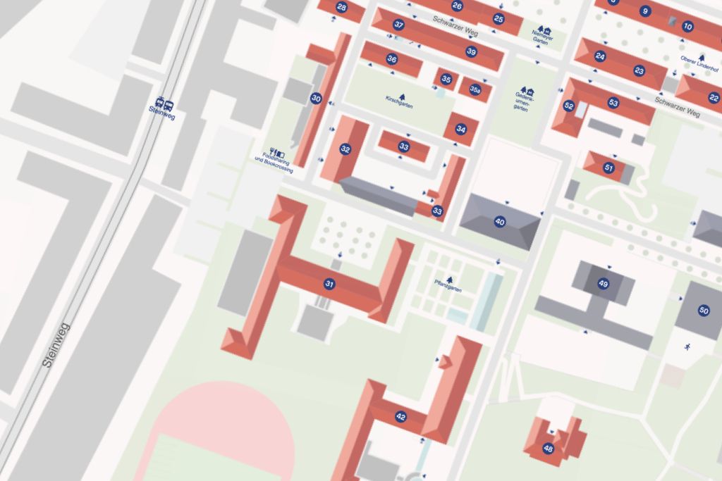 Screenshot des digitalen Wegeleitsystems mit eingezeichneten Häusern auf dem Geländer der Franckeschen Stiftungen