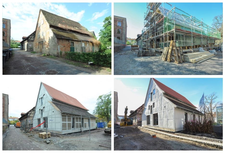 Vier Ansichten aus derselben Perspektive zeigen die Sanierungsschritte der kleinen Scheune.