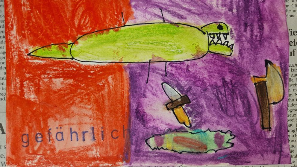 Krokodil, Waffen und andere Objekte der Wunderkammer farbenfroh auf Papier umgesetzt