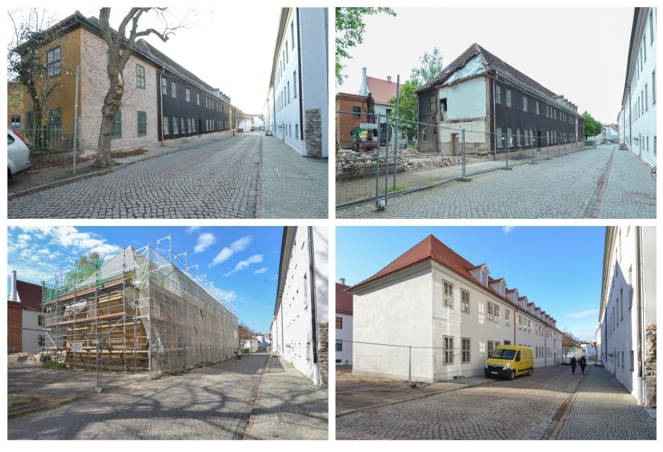 Vier Fotos zeigen eindrucksvoll, wie aus dem fast verfallenen Druckereigebäude ein moderner Raum für Veranstaltungen entsteht.